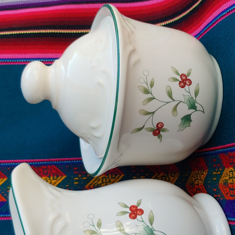 Pfaltzgraff Ceramic Holly Sugar Bowl and Creamer Pitcher - Picture 2 of 14